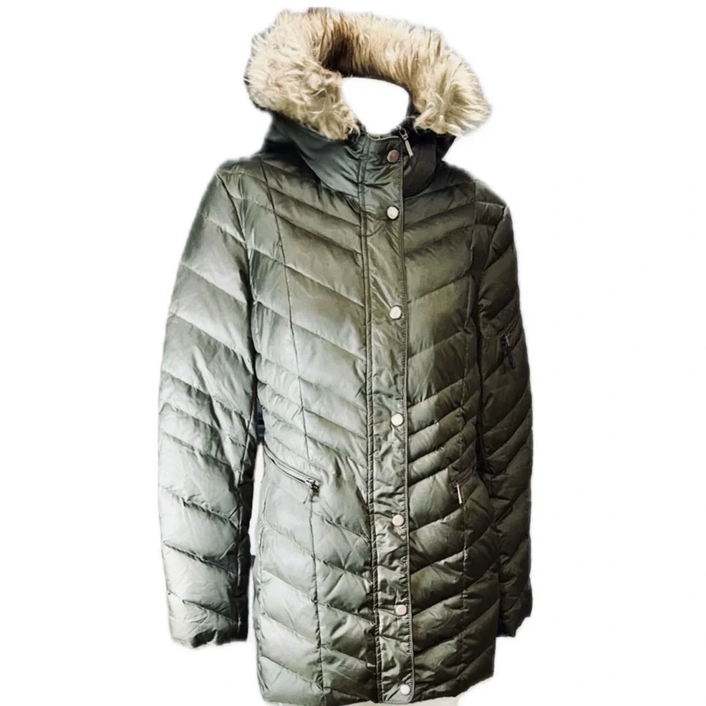 🧥❄️ MARC NEW‎ YORK Green Quilted Puffer Coat | Faux Fur Hood | Cabincore Sz M